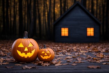 Obraz premium Two glowing pumpkins sit on a wooden deck, surrounded by fallen leaves, with a cozy house glowing in the background.