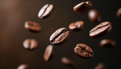 Fototapeta premium Flying Coffee Beans on Dark Background