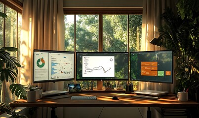 Fototapeta premium Home Office Setup with Dual Monitors, Smart Whiteboard, and AI-Powered Task Management for Remote Work