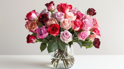 Obraz premium A bouquet of roses in various shades of pink and red, arranged in a modern glass vase