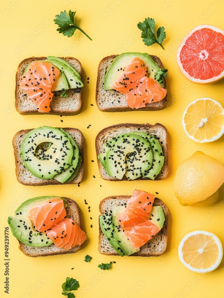 Poster Enjoy a colorful breakfast spread of avocado toast topped with salmon and fresh citrus fruits arranged beautifully on a yellow backdrop. Generative AI