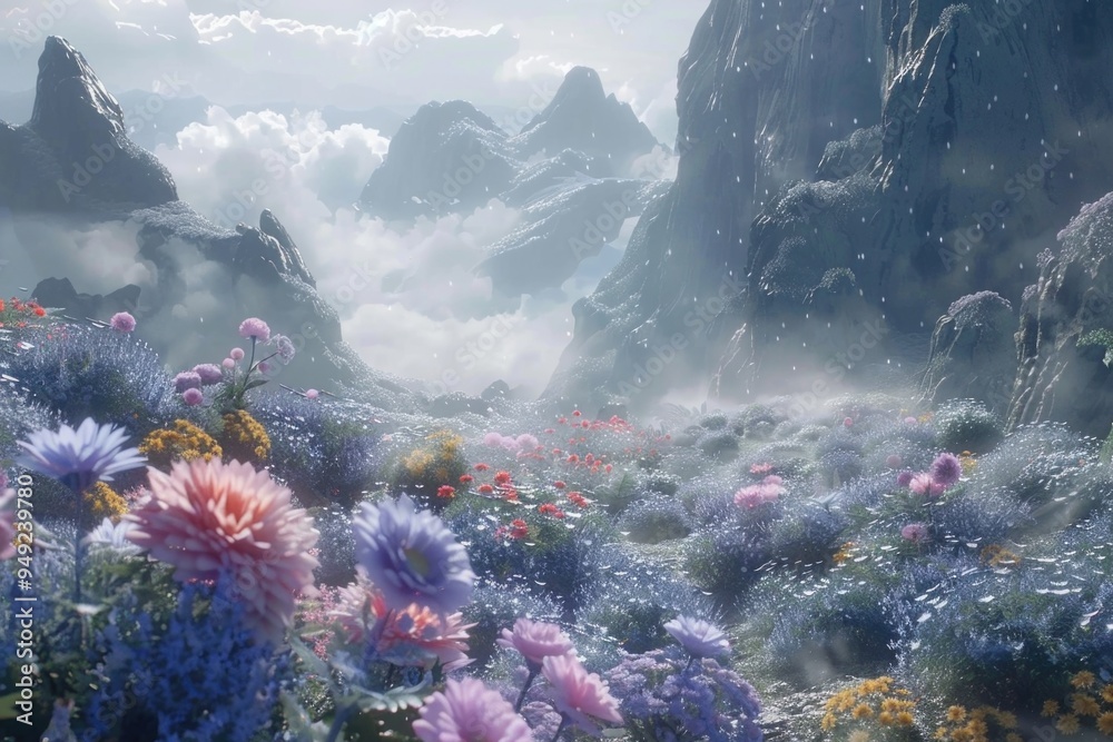 Poster mountain scenery with a field of colorful flowers in the foreground, suitable for use as a wallpaper