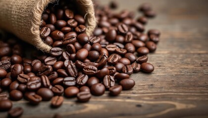 Fototapeta premium Burlap Sack Spilling Coffee Beans on Wooden Surface Close Up