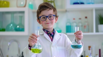 Young Scientist Holding Flasks in Lab