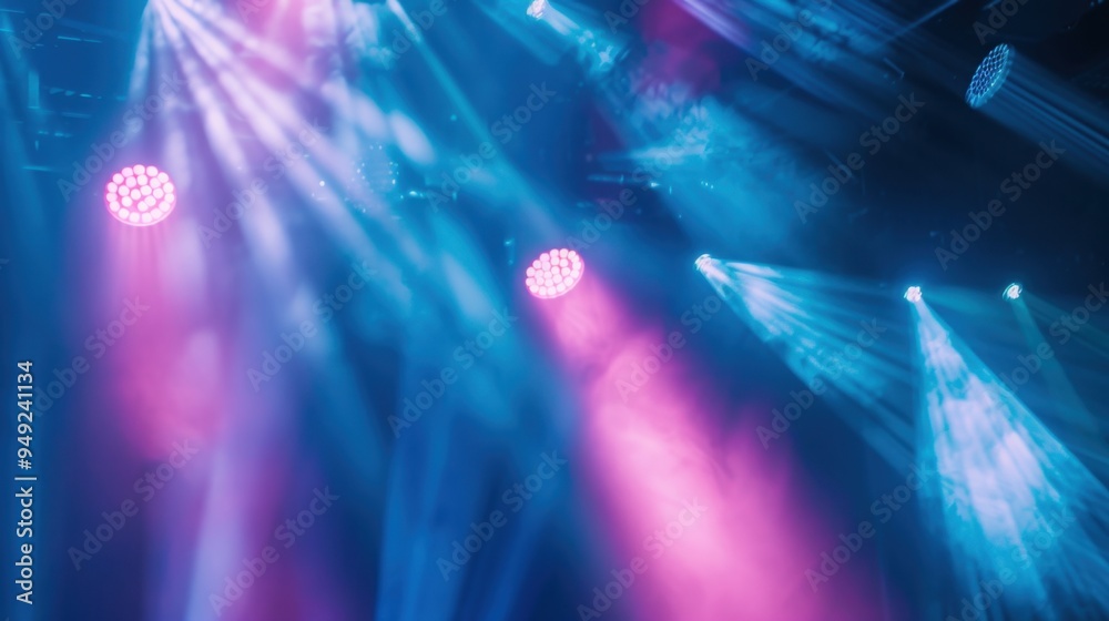 Poster a close-up of a moving stage light, with beams of light creating dynamic patterns