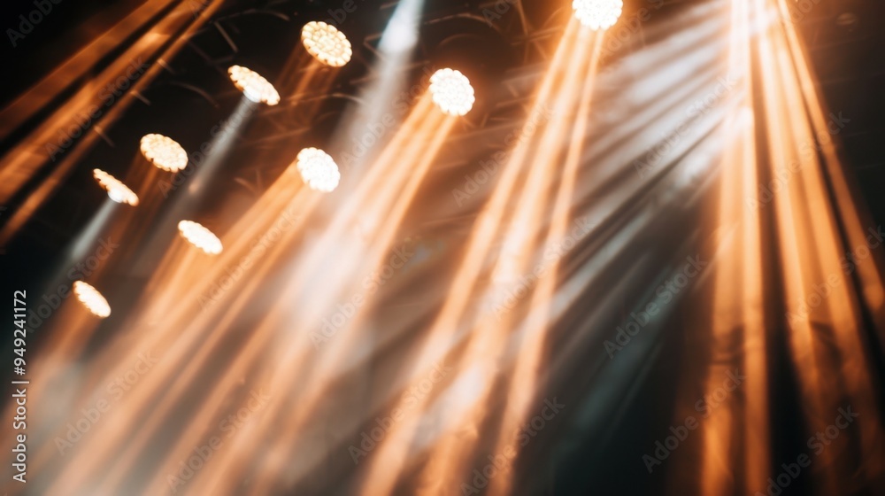 Poster a close-up of a moving stage light, with beams of light creating dynamic patterns