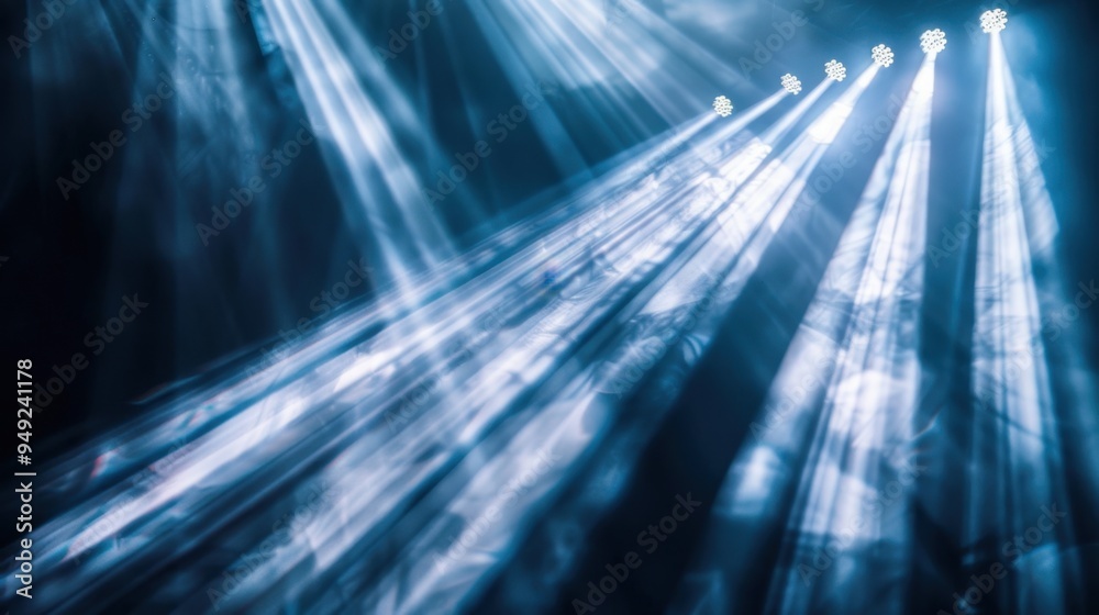 Poster a close-up of a moving stage light, with beams of light creating dynamic patterns
