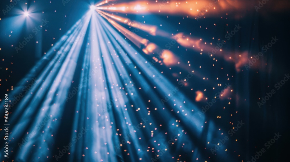 Poster a close-up of a moving stage light, with beams of light creating dynamic patterns