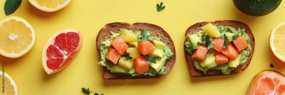 Poster a delicious breakfast spread with avocado toast layered with salmon, complemented by fresh citrus fr