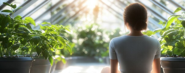 Peaceful Moments Woman Contemplating in a Sunlit Greenhouse Surrounded by Potted Plants, Botanical Serenity, Indoor Garden Inspiration, Tranquil Space