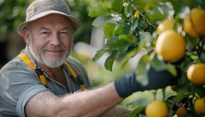 Senior Man Pruning Fruit Tree, Nurturing and Peaceful Gardening, A Symbol of Nature's Bounty and Life's Simple Pleasures