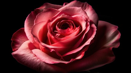 close-up of a single pink rose with its petals gently curling at the edges, set against a dark background