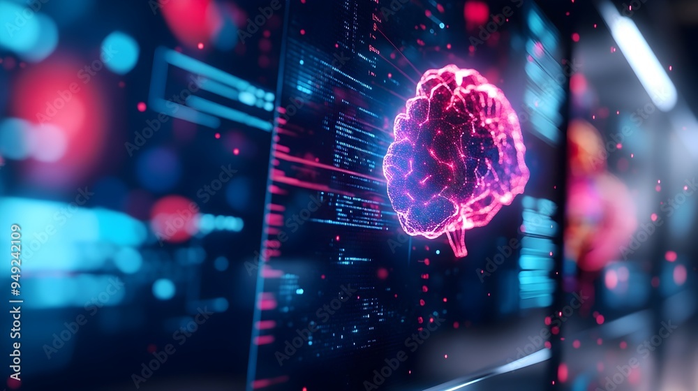 Poster futuristic ai driven web development with holographic computer screens and metallic visual aesthetic