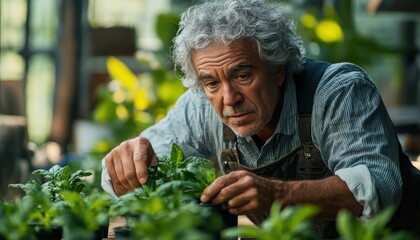 Fototapeta premium Senior Man Tending to Young Plants in a Sunlit Greenhouse, Exuding Calm and Contentment, A Picture of Tranquility and Growth
