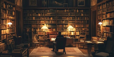 A cozy storytelling session in a historic library filled with ancient manuscripts, Storyteller captivating listeners under soft lamplight 