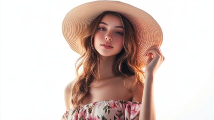 A young woman wearing a floral summer dress and a wide-brimmed hat stands outdoors, enjoying the sunshine and a carefree moment