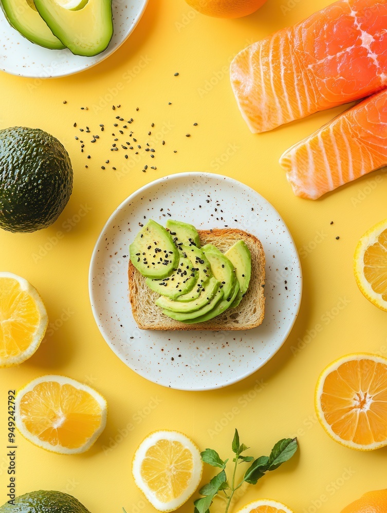 Poster enjoy a nutritious breakfast featuring creamy avocado toast topped with slices, fresh salmon, and vi