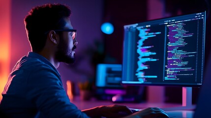 Skilled Software Developer Coding in Dark Themed Minimalist Tech Workspace with Efficient Web Development Tools