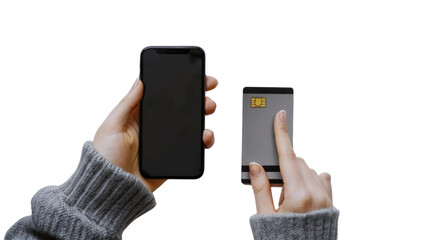 Shopping online hand with a credit card and a smartphone isolated on white background