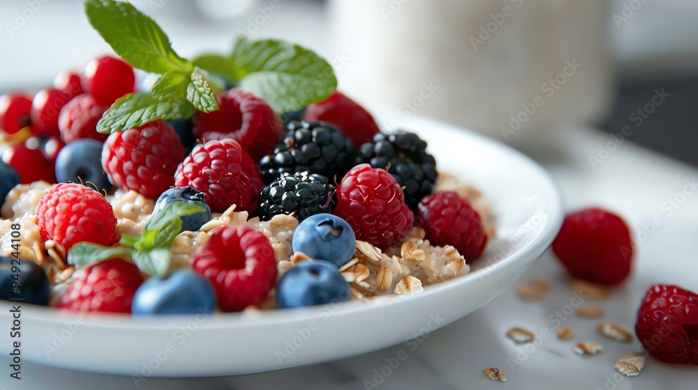 Poster A bowl of oatmeal with raspberries, blueberries, and blackberries.