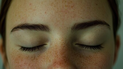 Close-up of a personâ€™s face, calm and peaceful, eyes closed, serene setting