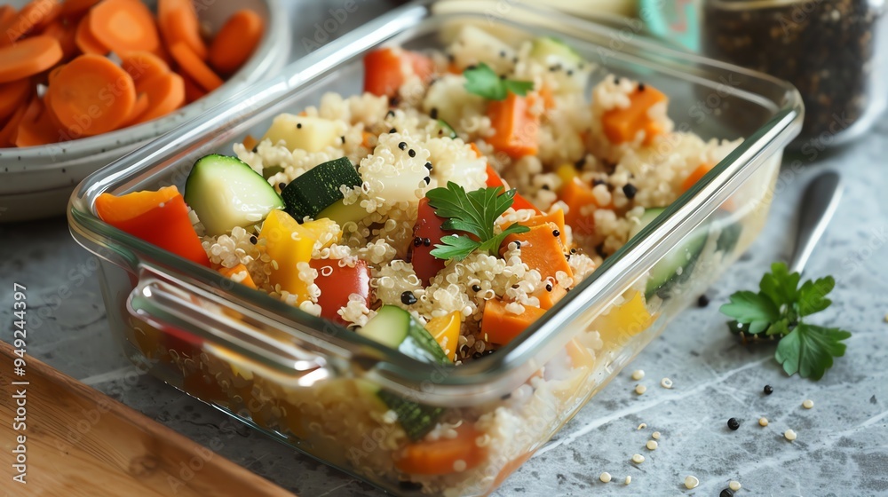 Wall mural Quinoa with vegetables in a glass dish.