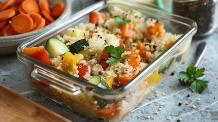 Quinoa with vegetables in a glass dish.