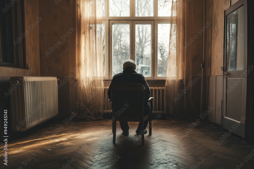 Poster an elderly individual contemplates in a stark, empty room, surrounded by sunlight filtering through 