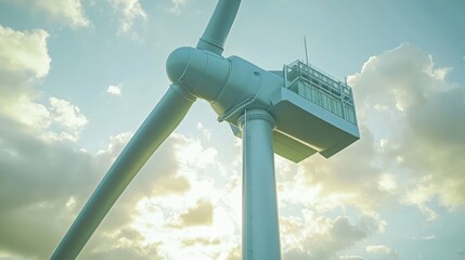 Close-up of a wind turbine blade, turning slowly, cloudy sky background