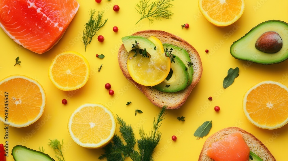 Poster enjoy a colorful breakfast featuring avocado toast topped with salmon, surrounded by fresh citrus fr