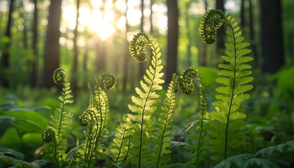 Fresh Green Ferns Unfurling in a Dense Forest with Sunlight Filtering Through