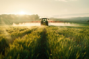 Agricultural equipment spraying a field with crops