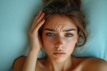 Fototapeta premium A Struggling Moment: Capturing the Depth of Concern on a Woman's Face in the Comfort of Bed with Visible Worry Lines and Emotionally Rich Facial Expression Conveying Inner Turmoil.