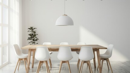 A minimalist dining area with a plain wooden table, white chairs, and a single pendant light
