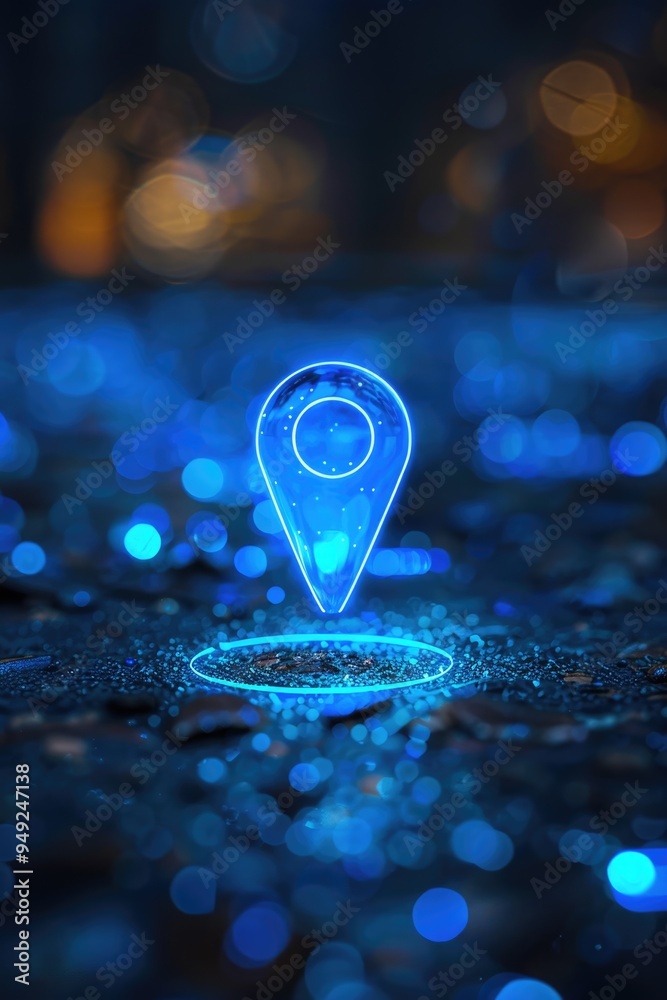 Poster a small blue map marker on a dark surface