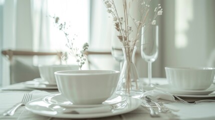 A minimalist dining table set with plain white dishes, silverware, and a small centerpiece