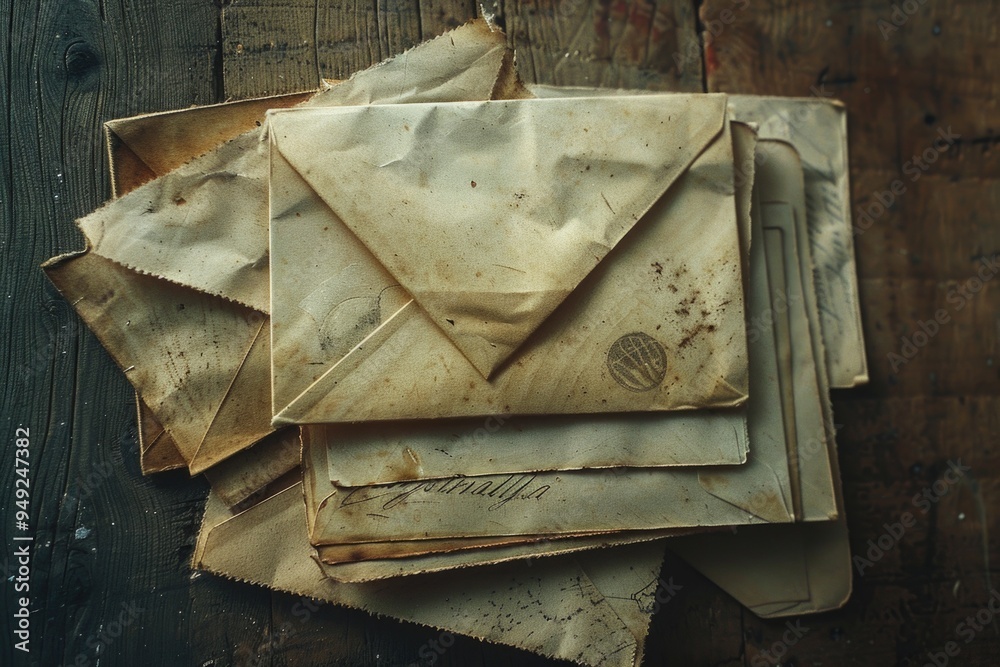 Poster a stack of vintage correspondence on a rustic wood surface