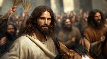 Triumphal entry scene: Jesus Christ rides into Jerusalem on donkey, met by jubilant crowds waving palm branches, symbolizing peace, prophecy, significance of Palm Sunday in Christian tradition.