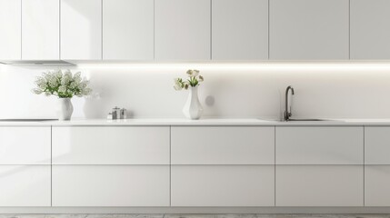 A minimalist kitchen with white cabinets, a single vase with flowers, and a clean countertop