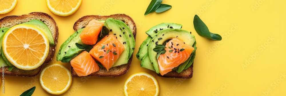 Poster Enjoy a nutritious breakfast featuring creamy avocado toast topped with salmon and bright citrus on a cheerful yellow backdrop. Generative AI