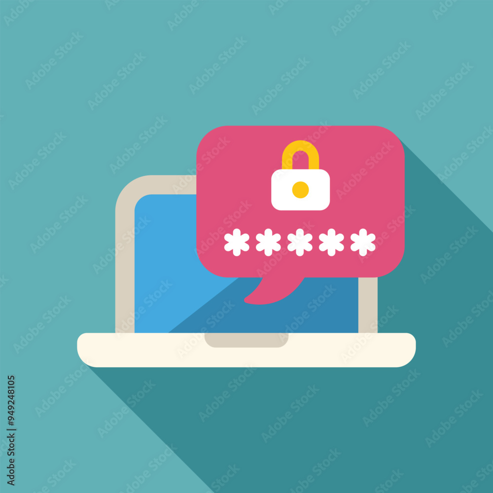 Wall mural laptop is showing a password requesting notification with a padlock symbol, in a flat design style