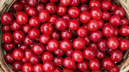 Close-up of freshly picked organic cherries, deep red color, water droplets, wooden basket