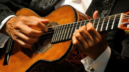 Close-up of hands playing the guitar&Atilde;&sup3;n, deep sound, mariachi band setting, evening concert light