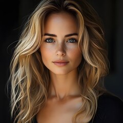 Fototapeta premium Close-up portrait of a young woman with long blonde hair and blue eyes, gazing directly at the camera with a soft smile.