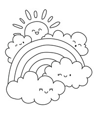 Coloring Book: Cartoon Illustration of Cute Sun, clouds and Rainbow
