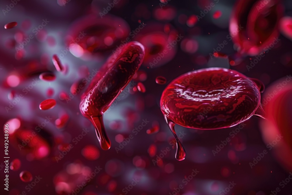 Poster a single blood cell with a small drop of blood escaping from its surface