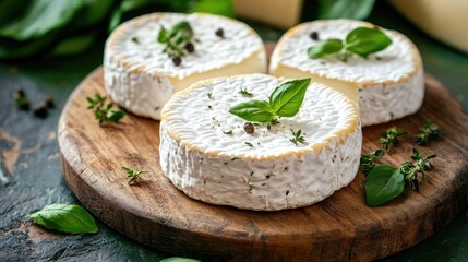Close-up of organic goat cheese, creamy texture, herbs sprinkled on top, cheese board setting