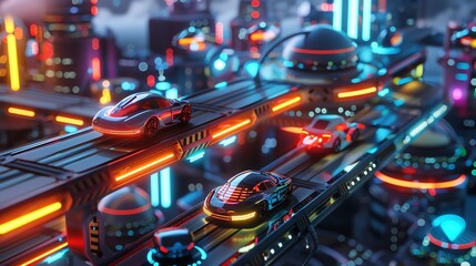 Fototapeta premium A futuristic city with glowing neon lights, cars driving on elevated tracks, and flying vehicles in the sky.
