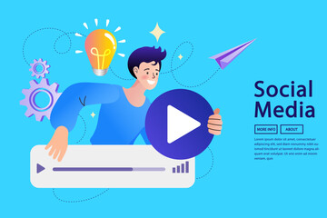 Business man present idea marketing social media his business.. background is blue color. Vector illustration.