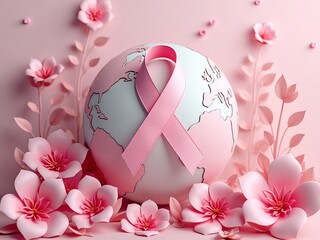 A pink ribbon symbolizing breast cancer awareness, placed on a white globe, surrounded by delicate paper flowers